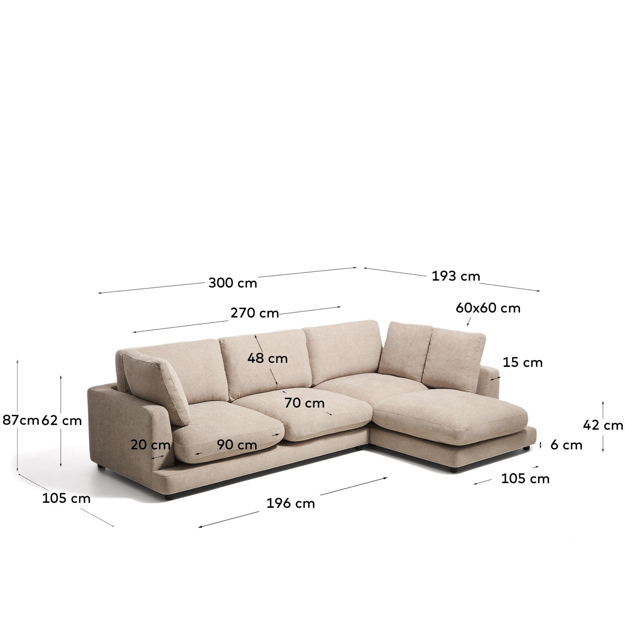 Sofa Gala 4 mesta od mikro bukle sa desnim šezlongom bež FSC Mix Credit 300 cm