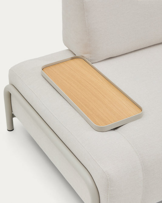 Compo two-seater sofa in ecru chenille fabric, with small oak table and beige metal frame, 200 cm