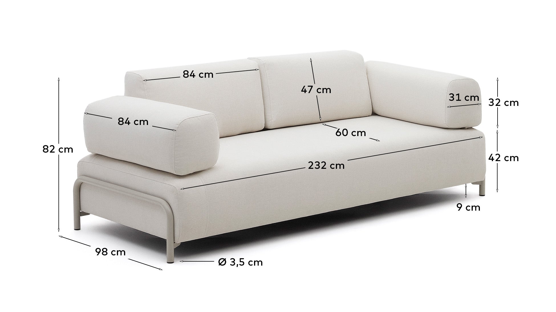 Compo beige chenille 3-seater sofa with beige metal structure 232 cm FSC Mix Credit