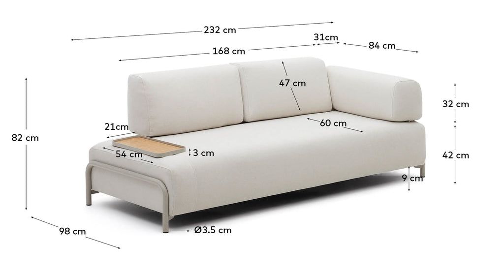 Compo trosed bež sofa od šenila, mala tacna od hrastovog furnira i bež metalna konstrukcija 232cm FSC Mik Credit