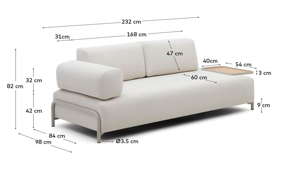 Compo trosed sofa šenil bež, velika tacna hrastov furnir i bež metalna konstrukcija 232cm FSC Mik Credit