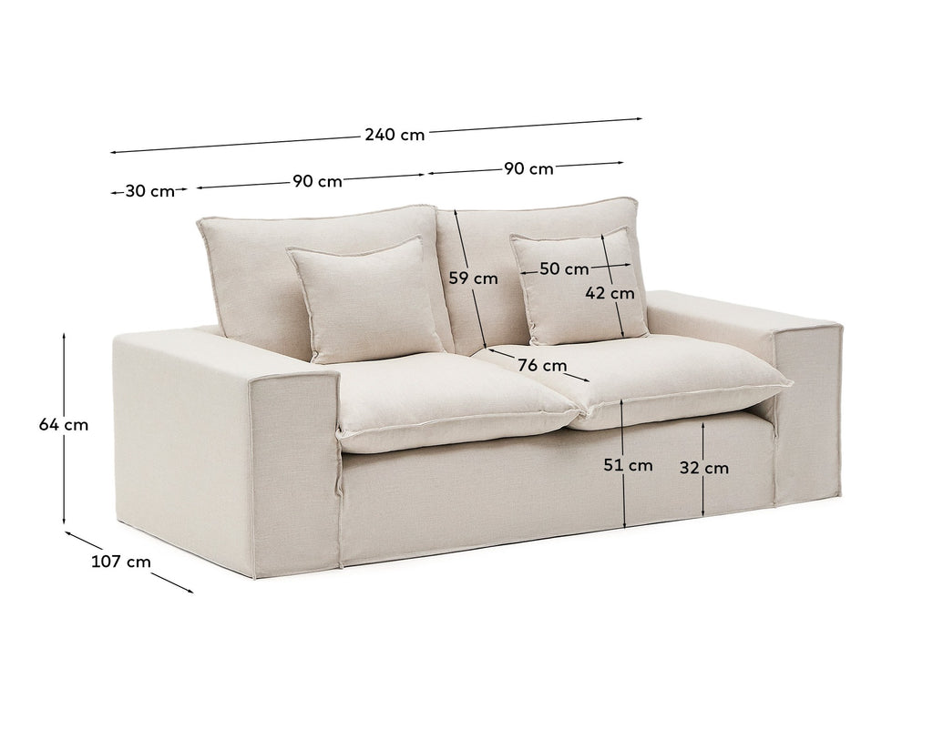 Dvosedna sofa Anarela sa navlakama koje se skidaju, sa jastucima od lana bež boje, FSC Mix Credit, 240 cm.