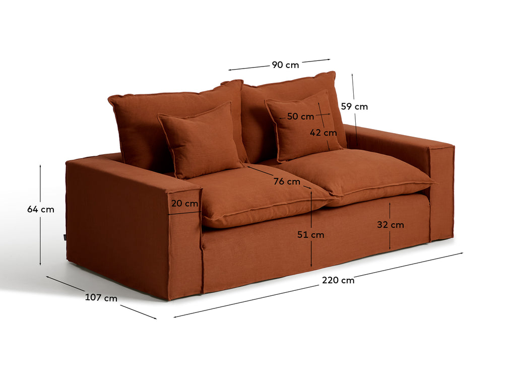 Sofa Anarela sa skidivom navlakom, 2 sedišta, od lana u terakota boji 220 cm FSC Mix Credit