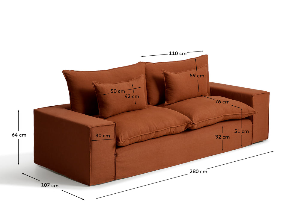 Sofa Anarela sa skidivom navlakom, 3 sedišta, od lana u terakota boji 280 cm FSC Mix Credit