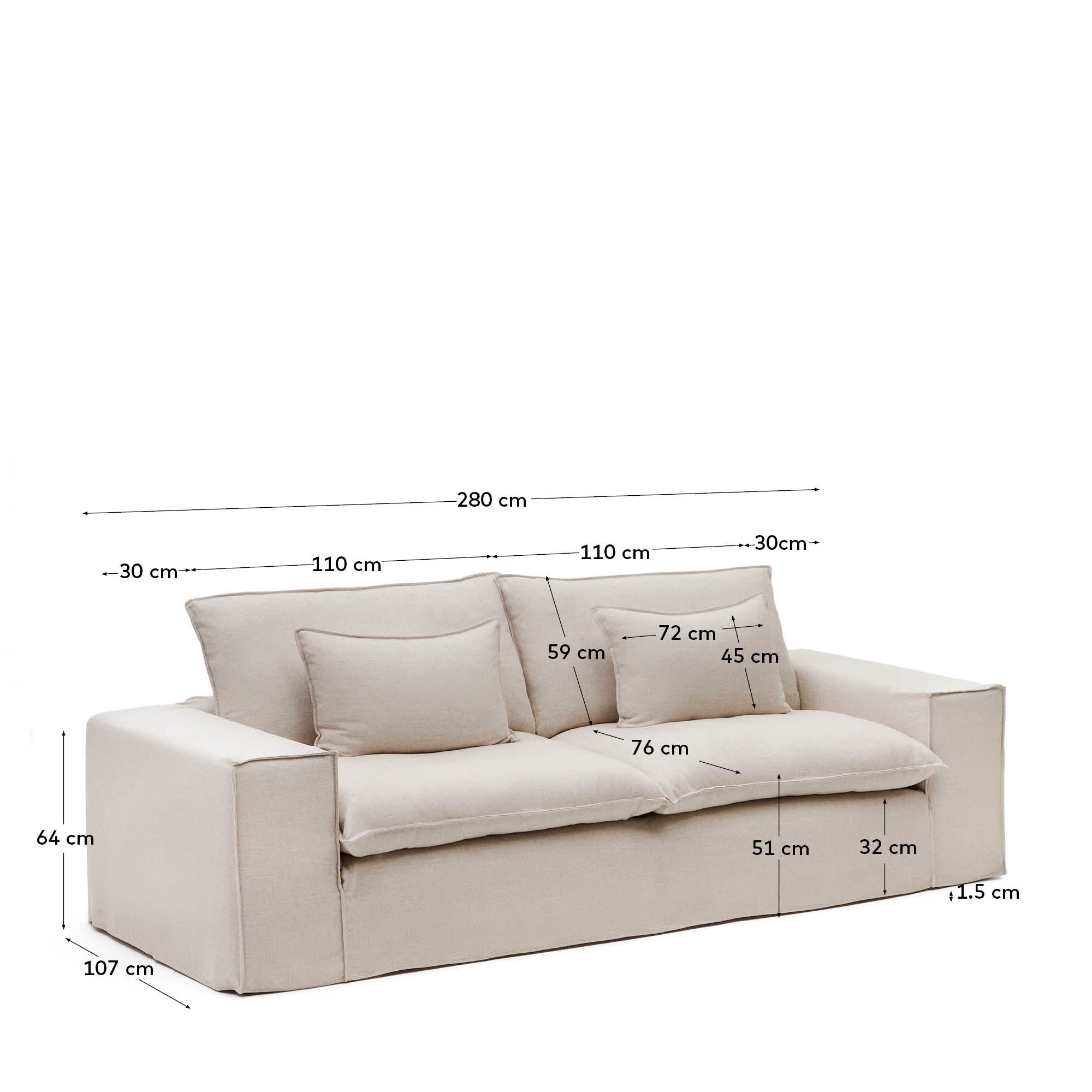 Anarela trosed sofa sa uklonjivom navlakom i jastucima od bež lana, FSC Mix Credit, 280 cm