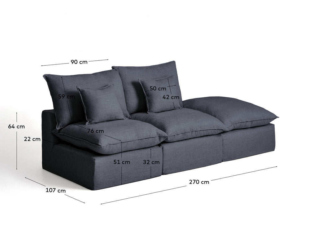 Anarela dark grey linen and viscose 2-seater modular sofa with end module and removable cover 270cm FSC Mix Credit
