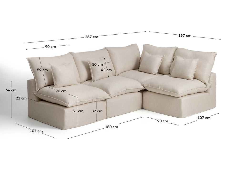 Ugaona modularna sofa sa skidivom navlakom Anarela 4 sedišta od lana i viskoze bež 287 x 197 cm / 197 x 287 cm FSC Mix Credit