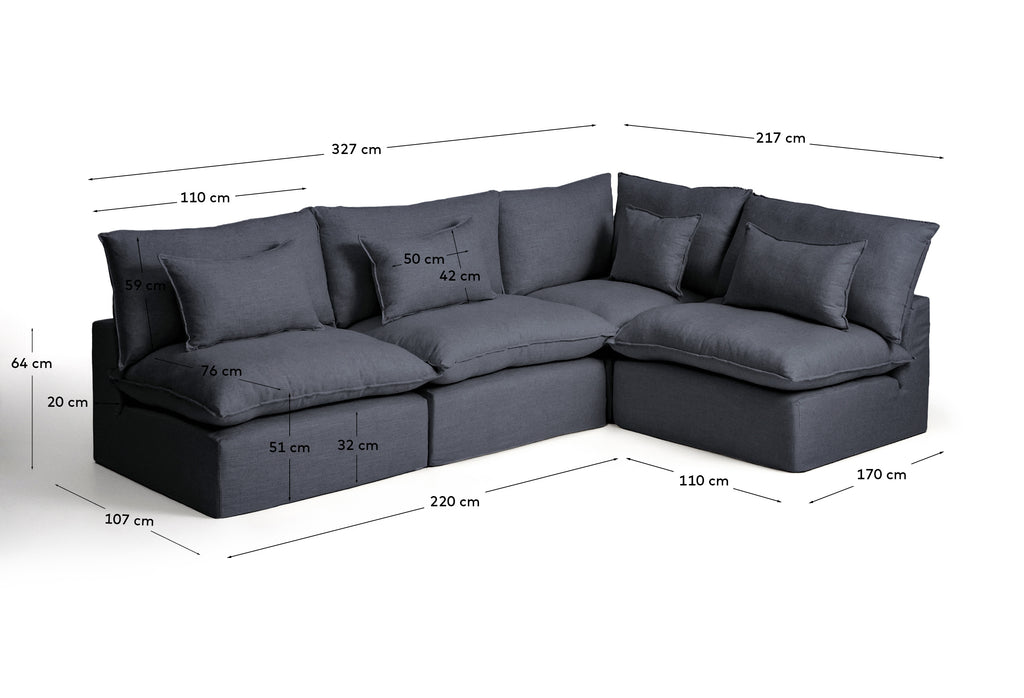 Ugaona modularna sofa sa skidivom navlakom Anarela 6 sedišta od lana i viskoze tamnosiva 327 x 217 cm / 217 x 327 cm FSC Mix Credit