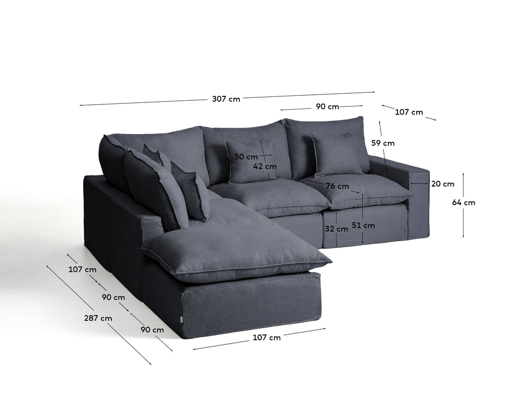 Anarela dark grey linen and viscose 4-seater modular corner sofa with removable cover 287 x 307 cm FSC Mix Credit