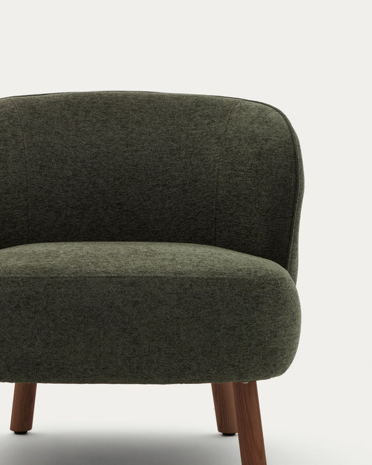 Fotelja Ulit od chenille tkanine zelena sa nogarima od masivnog jasena, završna obrada u boji oraha