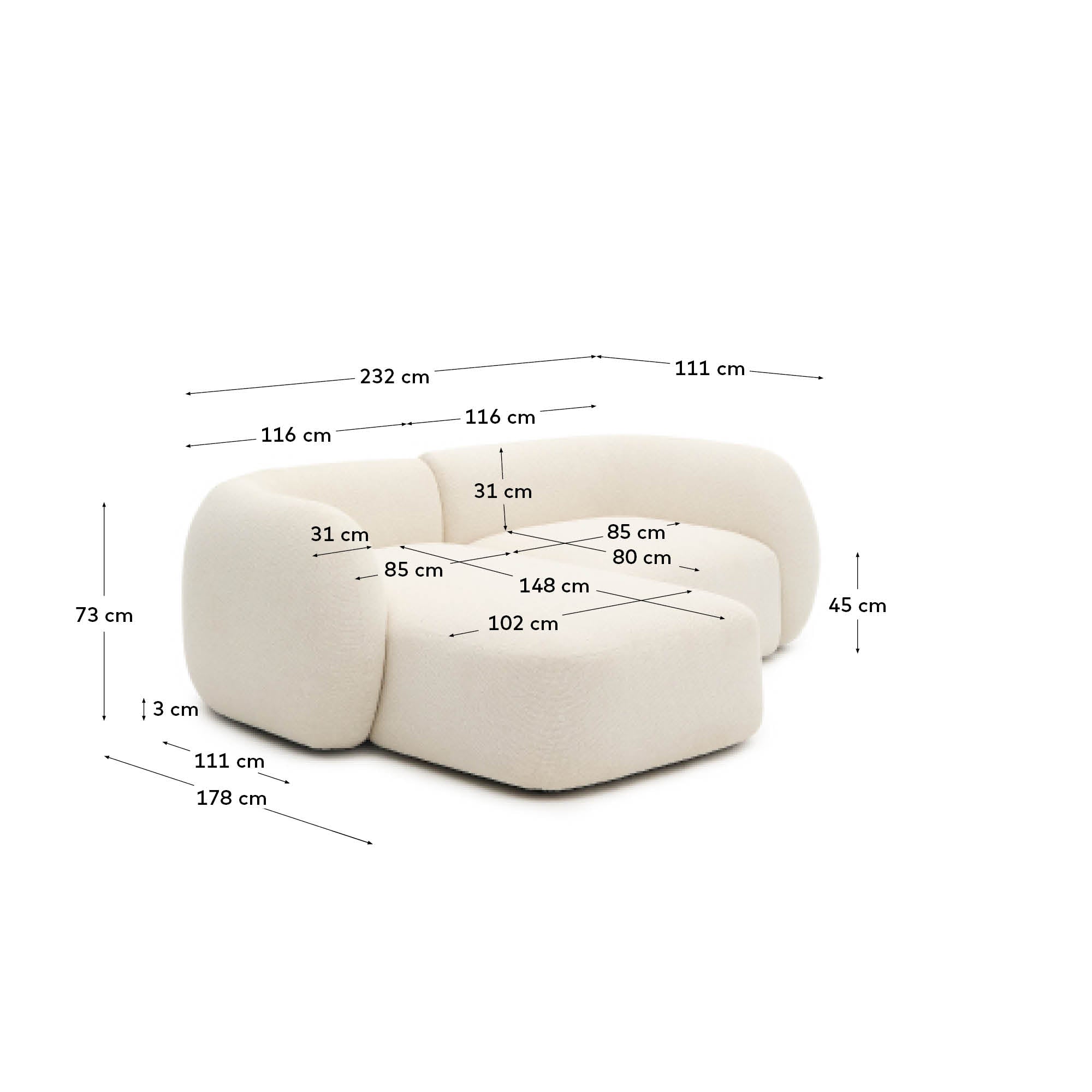 Martina ecru chenille 2-seater modular sofa with left chaise longue 230cm
