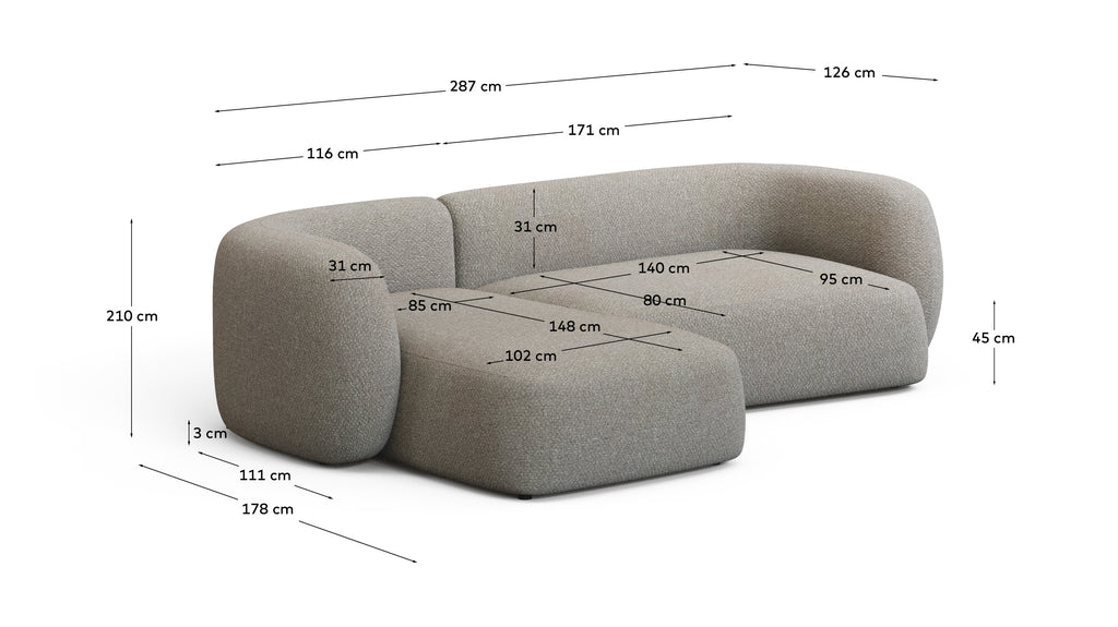 Martina stone-coloured chenille 3-seater modular sofa with left chaise longue 287cm