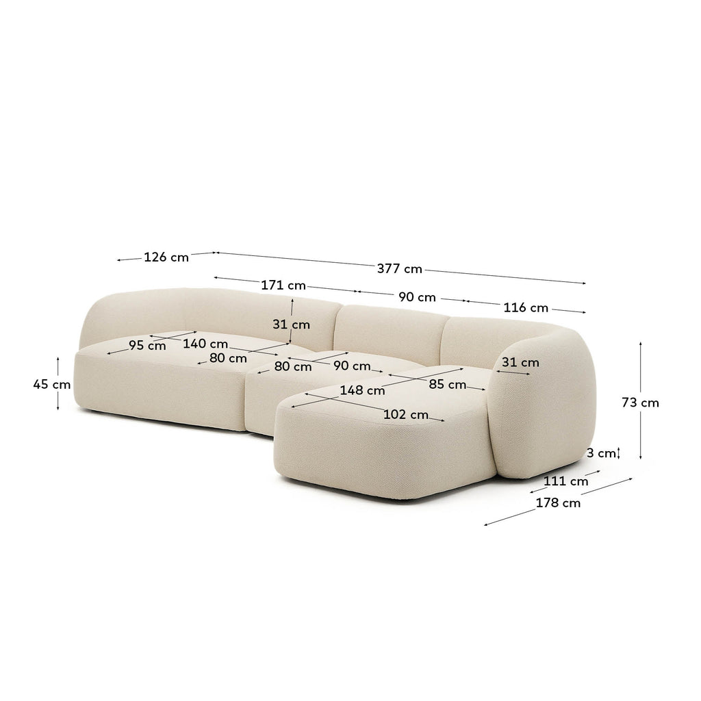 Modularna sofa Martina sa 4 sedišta u ekru ženilu sa desnim ležaljkom 377 cm
