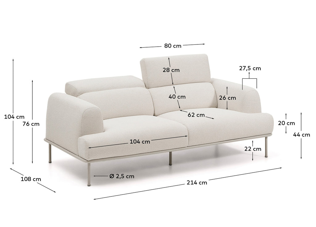 Aurum dvosedna sofa u ecru čenil sa naslonom za glavu i mat bež metalnom bazom 214 cm, FSC Mix Credit