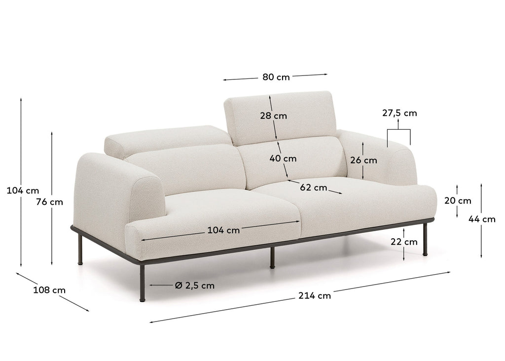 Aurum two-seater sofa in ecru chenille with headrest and matt gray metal base 214 cm, FSC Mix Credit