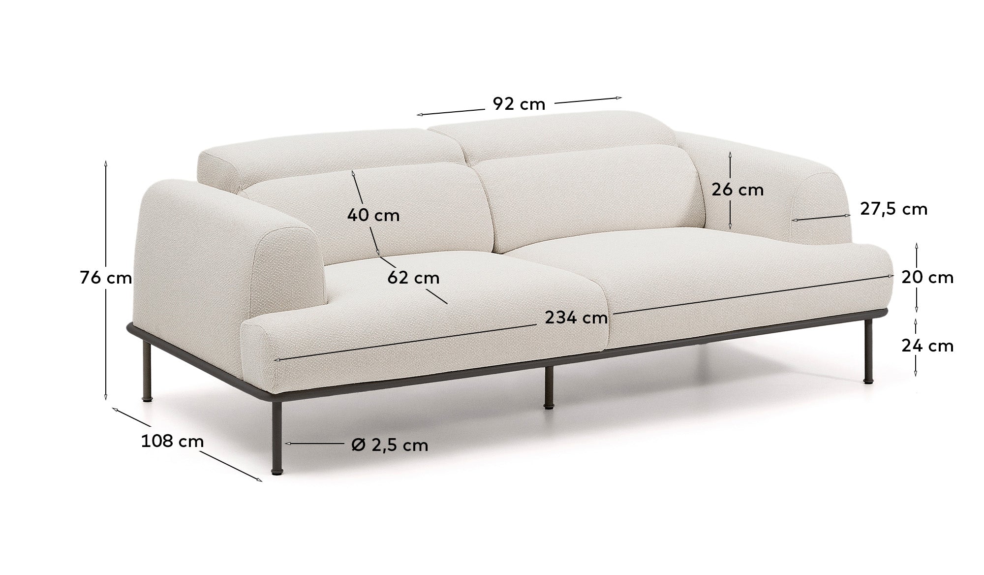 Aurum 3-seater sofa in ecru chenille with reclining headrest and matte grey metal base 234cm FSC Mix Credit