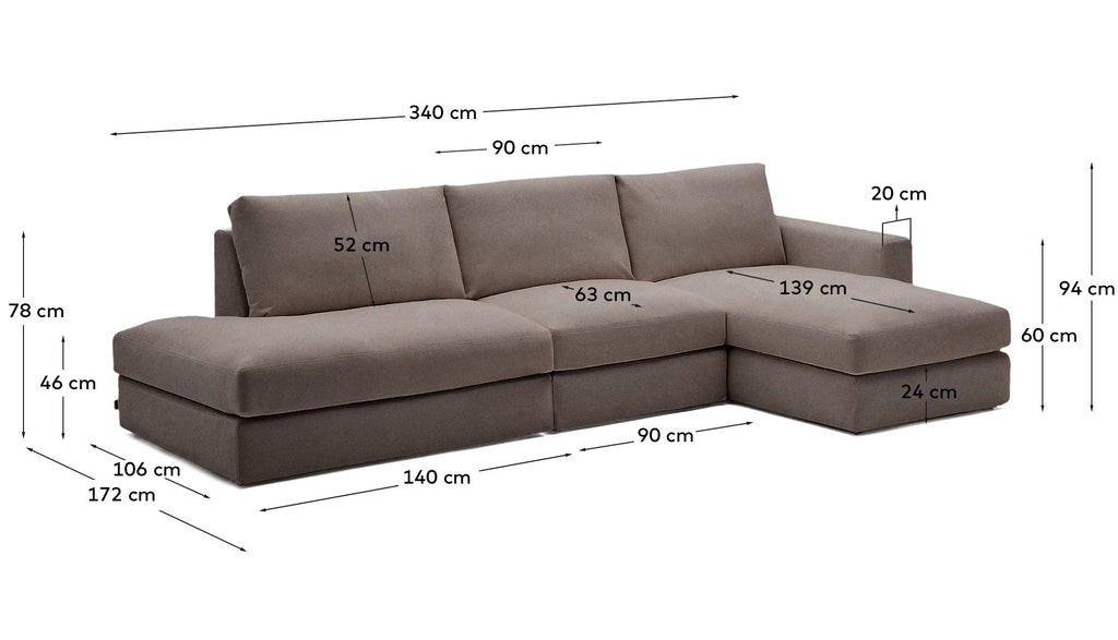 Modularni trosed sa odvojivom navlakom Alea, trosed 5 mesta sa desnim ležajem, tamnosmeđa boja, 340 cm