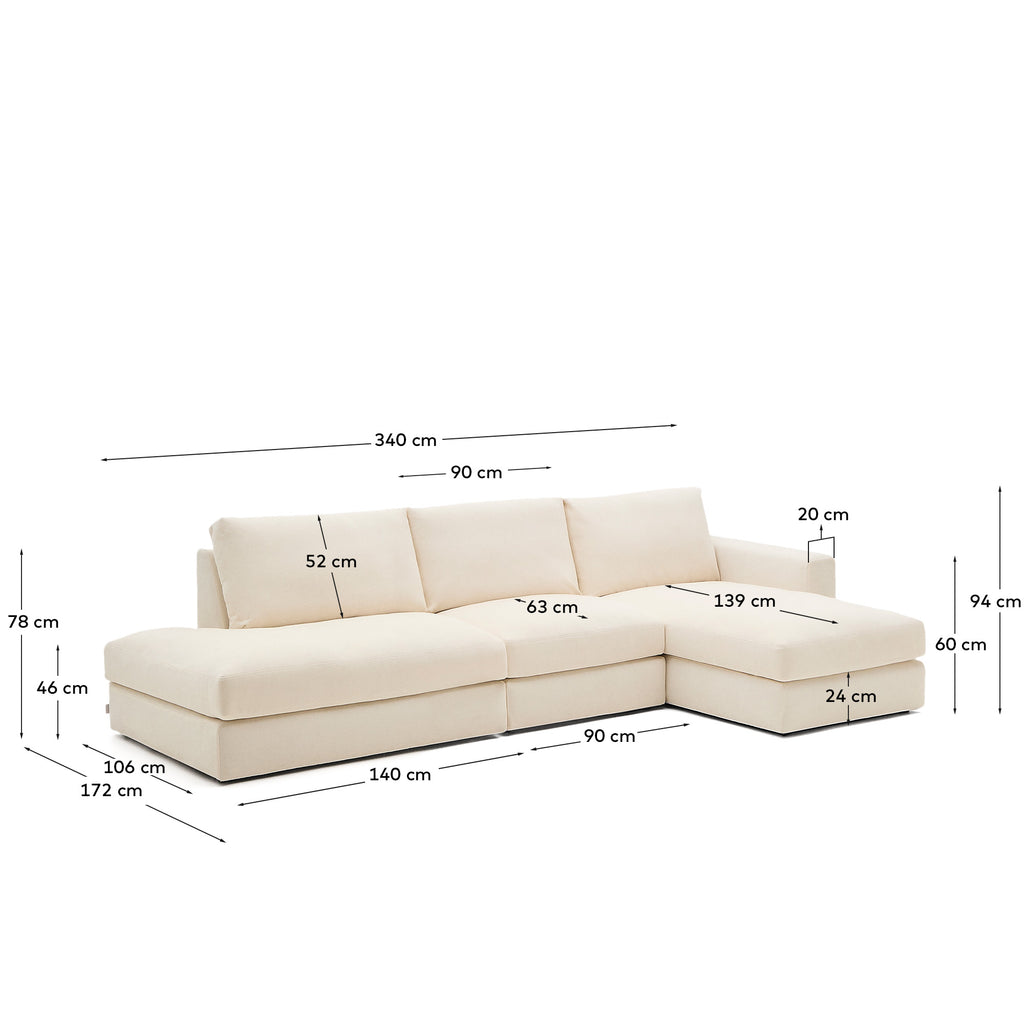 Alea ecru chenille 5-seater modular sofa with right chaise longue and cover 340cm