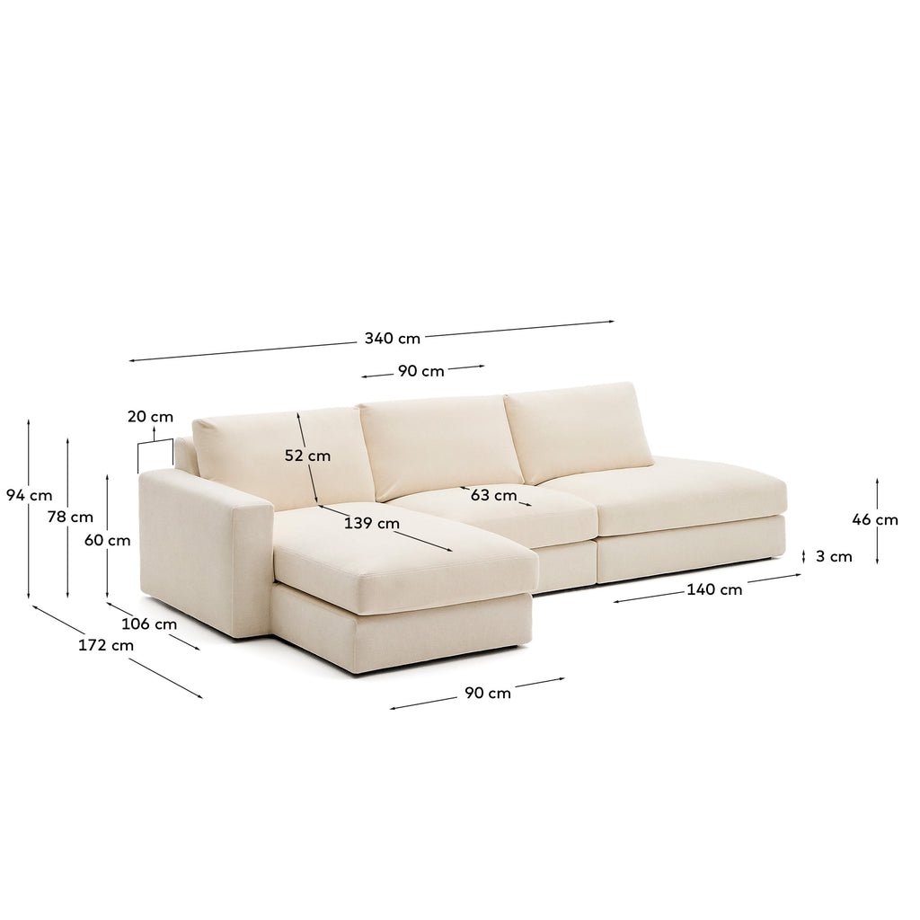 Alea ecru chenille 5-seat modular sofa with left chaise longue and cover 340cm