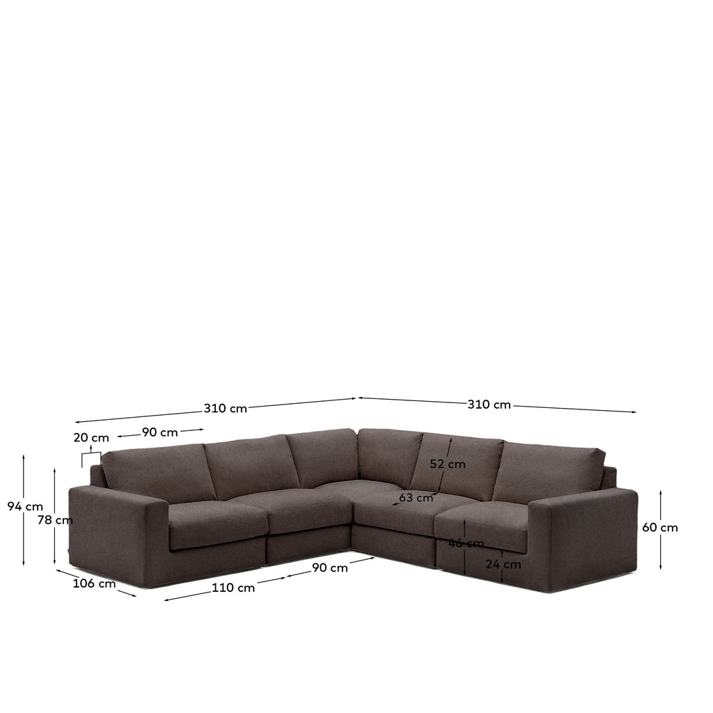 Alea 5-seater modular corner sofa with removable cover in dark brown chenille 310 x 310cm