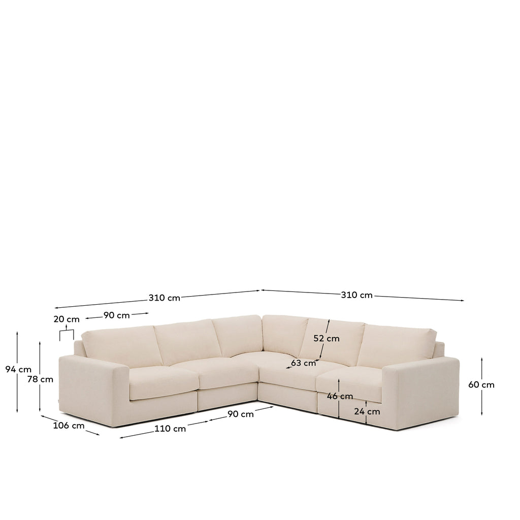 Alea 5-seater modular corner sofa with removable cover in beige chenille 310 x 310cm