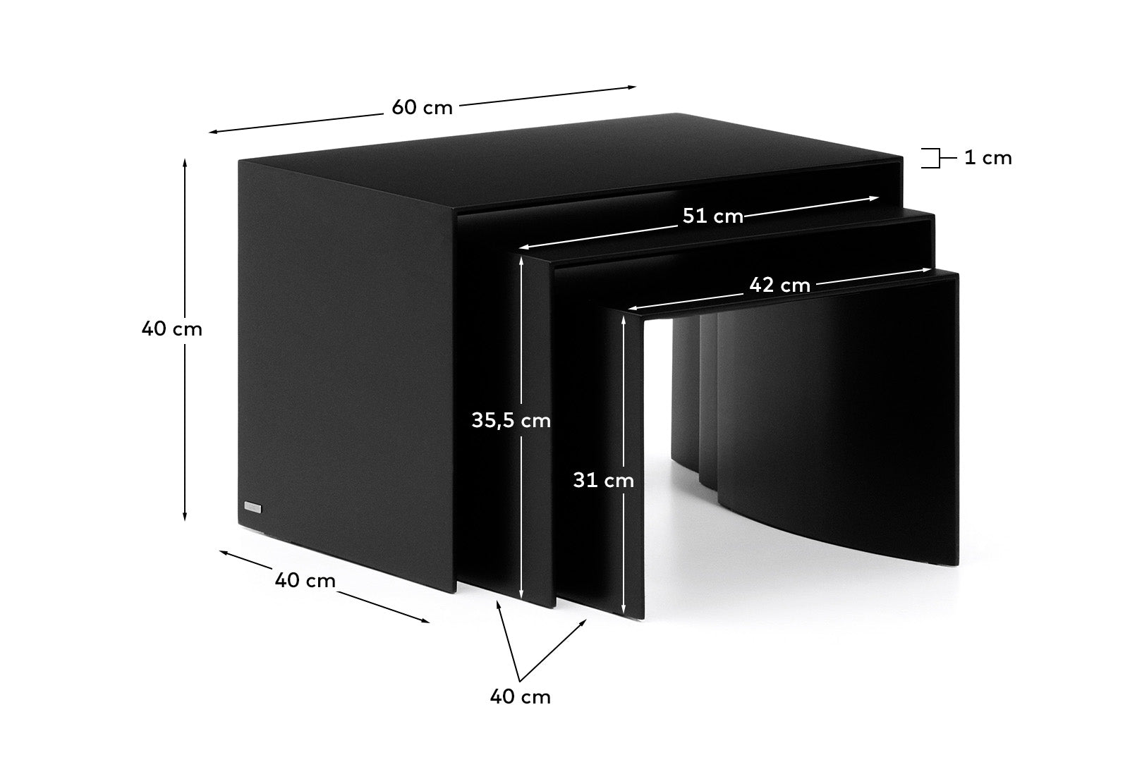 Litto set od 3 stočića koji se slažu, od crnog lakiranog MDF-a, 60 x 40 / 51 x 36 / 42 x 31 cm