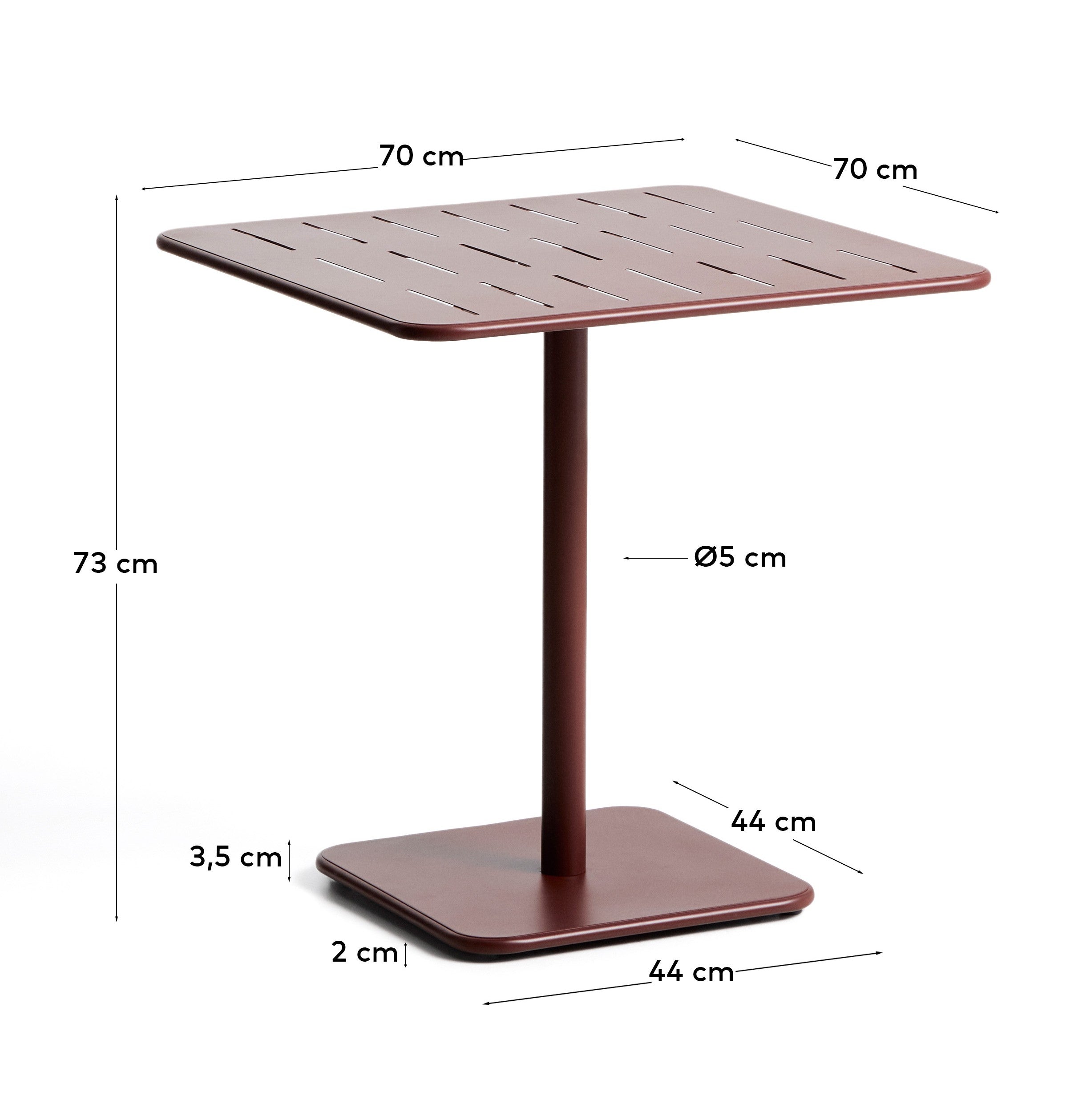 Brai outdoor table in burgundy galvanised steel 70 x 70cm