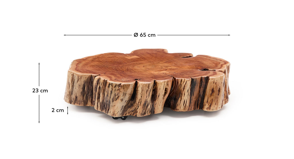 Tavine coffee table in solid acacia with bleached finish and wheels Ø65 cm