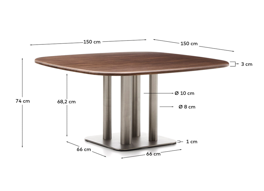Melvar table in walnut veneer with brushed stainless steel legs 150 x 150cm