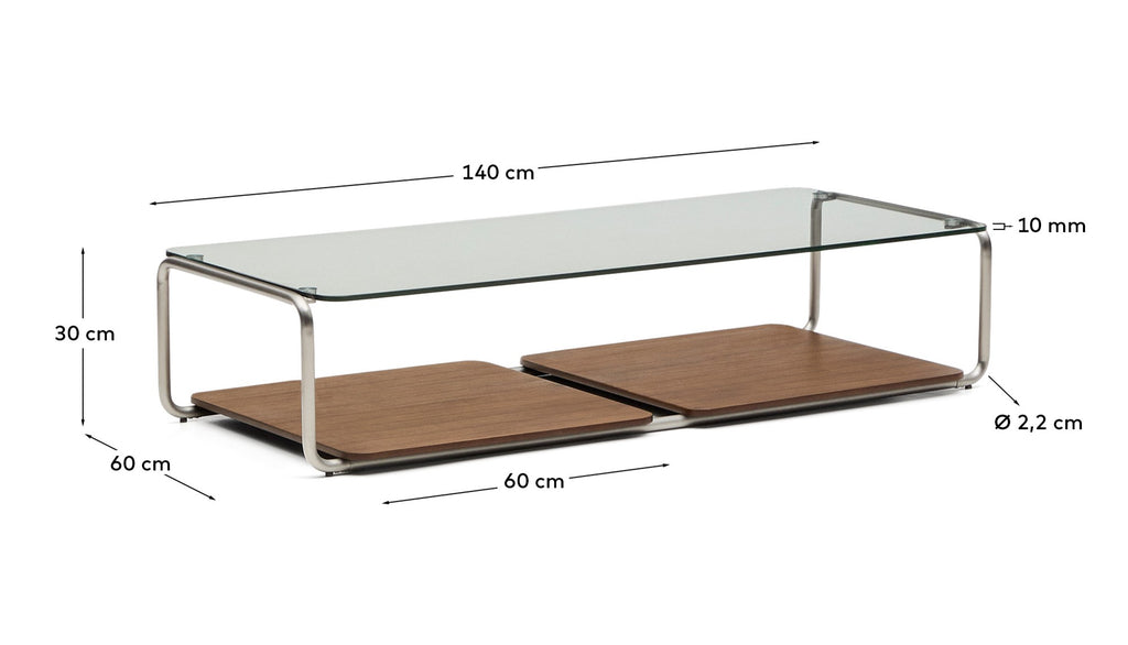 Tarsel coffee table in tempered glass with walnut veneer tray and brushed steel structure 140x60 cm