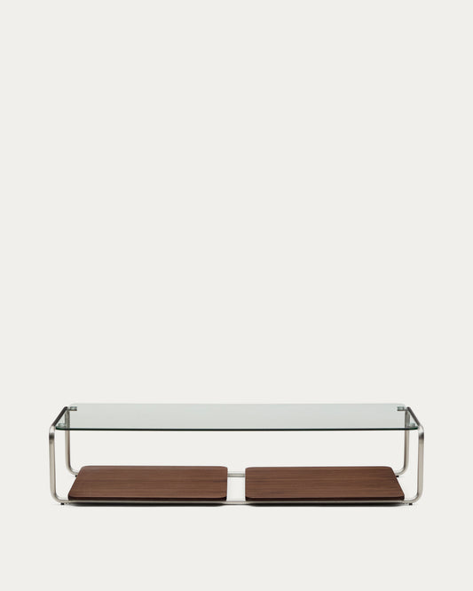 Tarsel coffee table in tempered glass with walnut veneer tray with brushed stainless steel structure 140 x 60 cm FSC 100%
