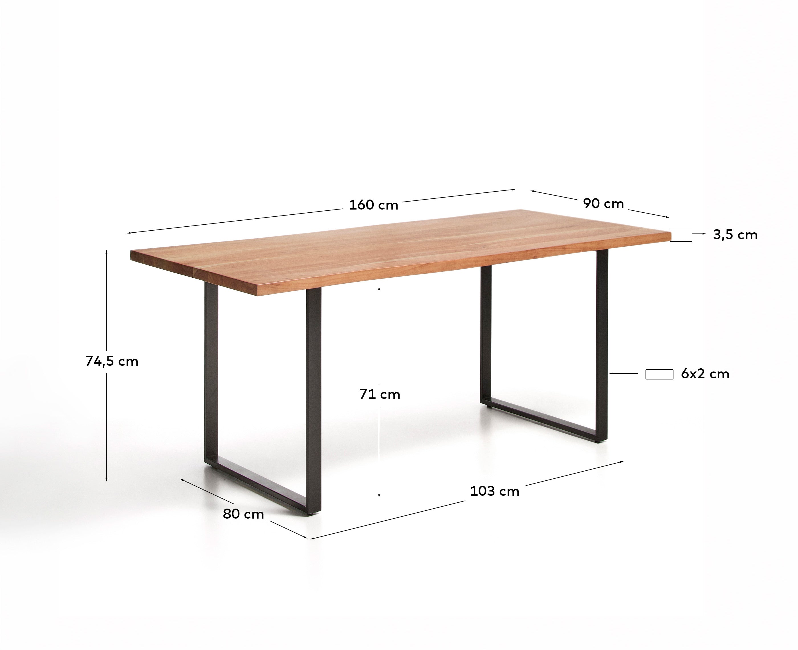 Uxue sto od masivnog drveta bagrema sa crnim čeličnim nogama, 160 x 90 cm