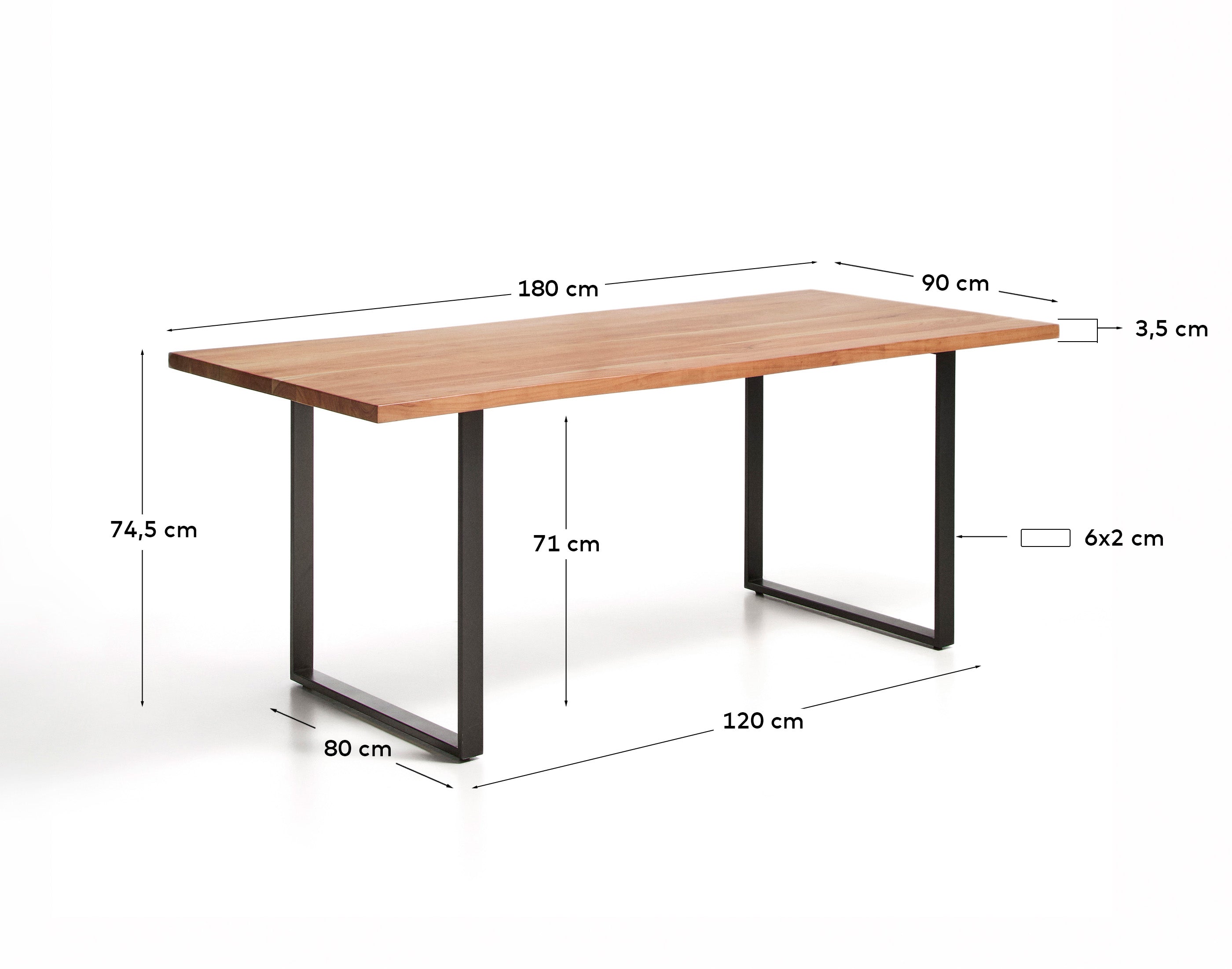 Uxue sto od masivnog drveta bagrema sa crnim čeličnim nogama, 180 x 90 cm