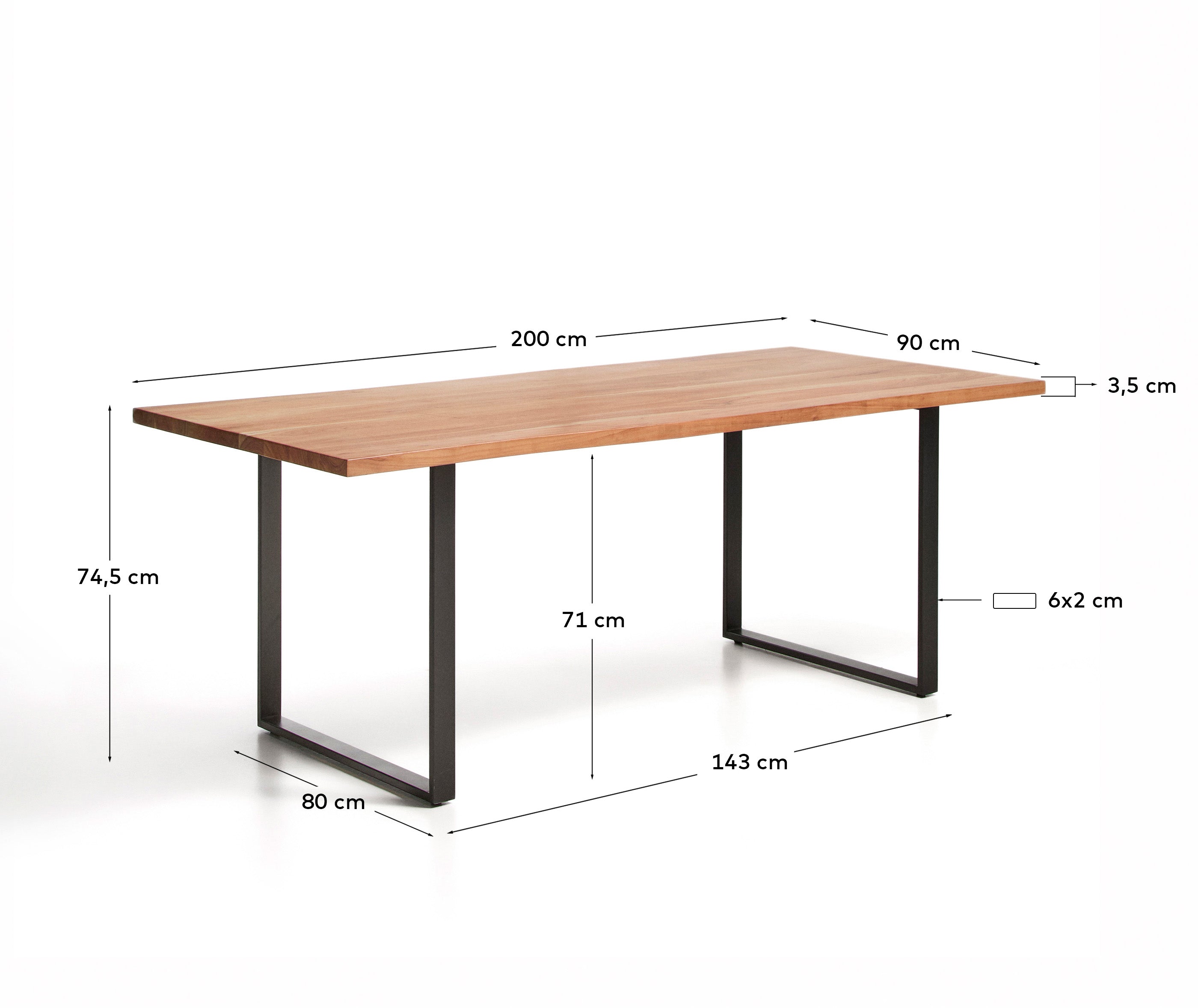 Uxue table in solid acacia wood with black steel legs 200 x 90 cm