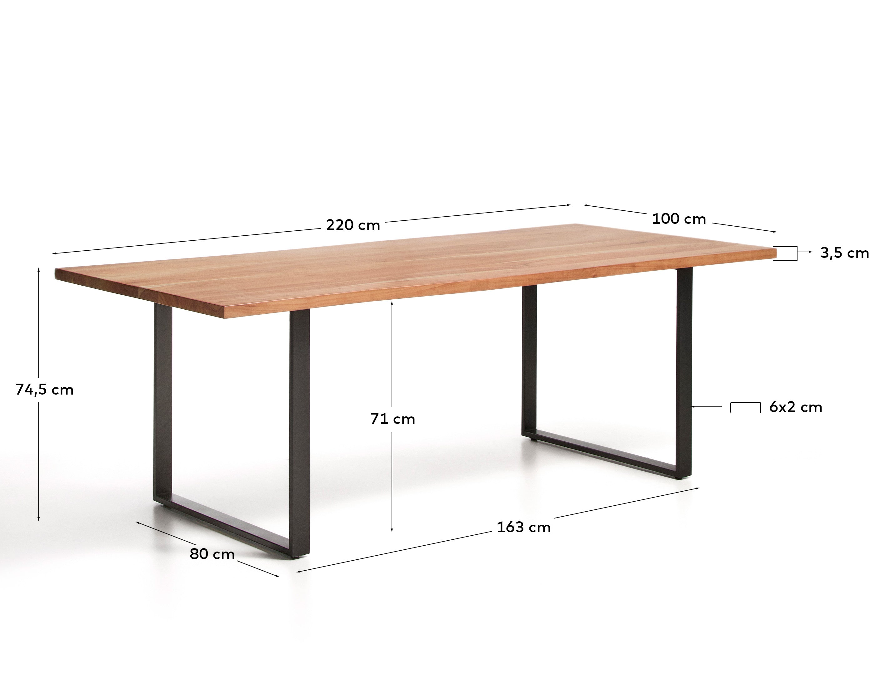 Uxue table in solid acacia wood with black steel legs 220 x 100 cm