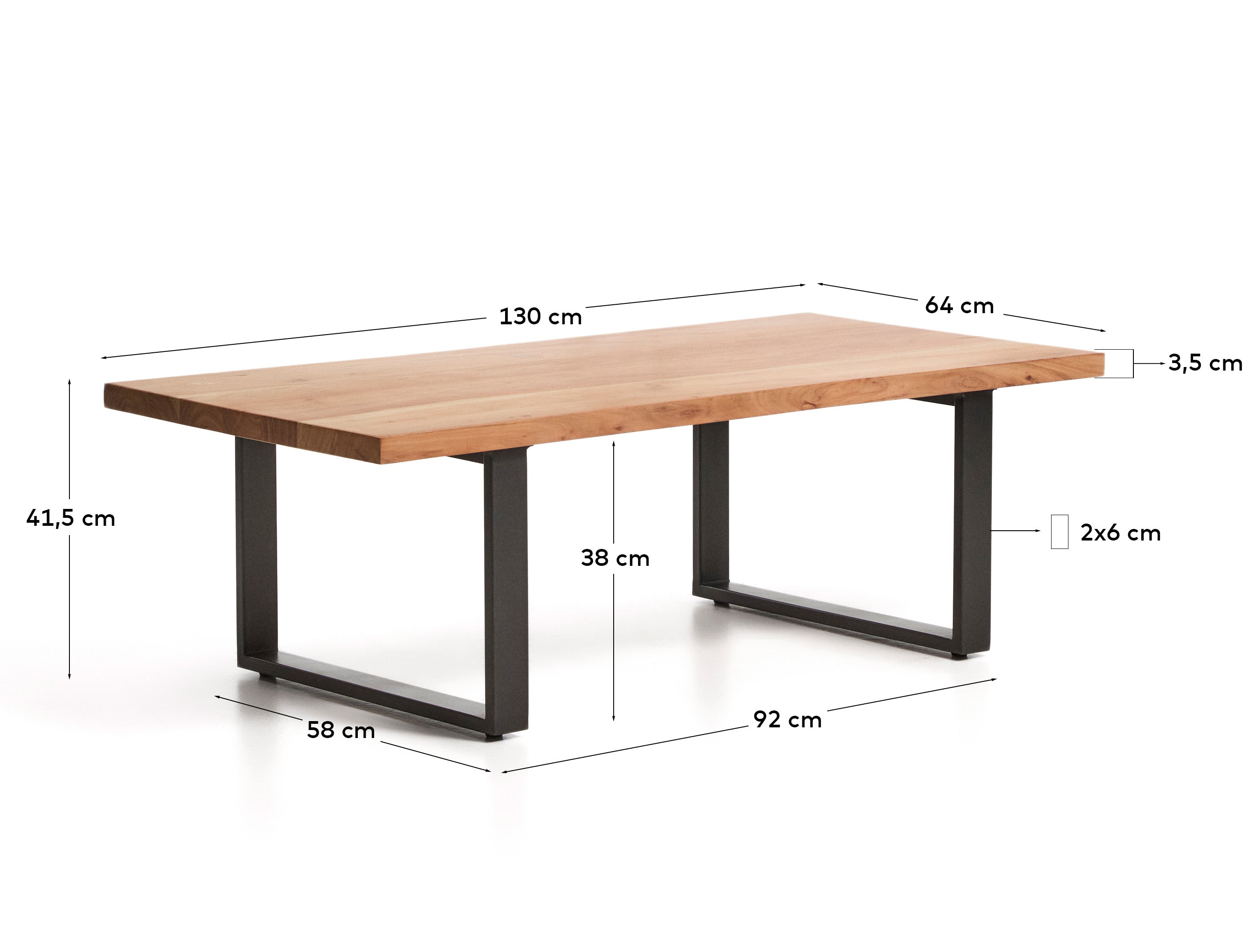 Uxue sto za kafu od masivnog drveta bagrema sa crnim čeličnim nogama, 130 x 64 cm