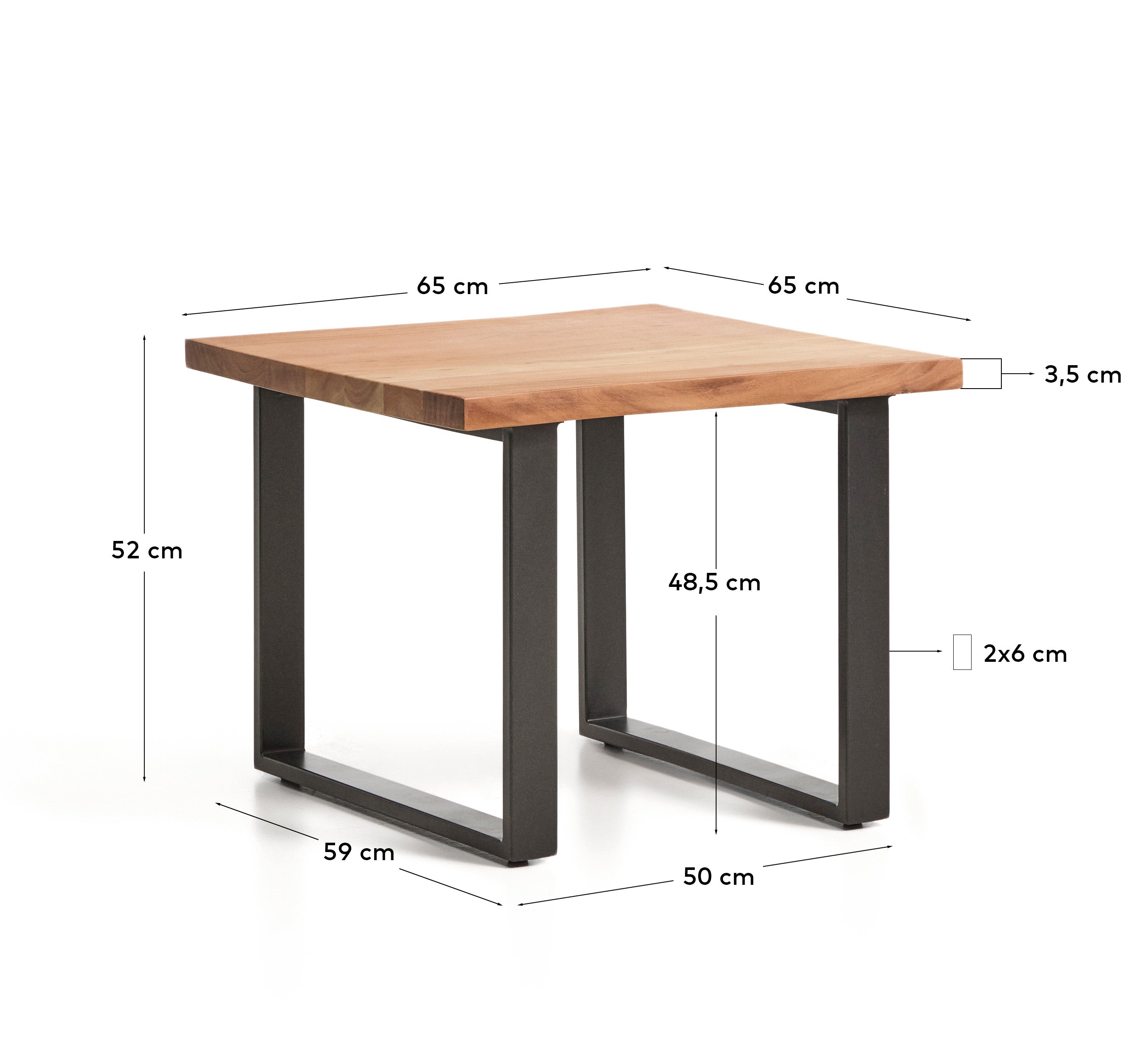 Uxue sto za odlaganje od masivnog drveta bagrema sa crnim čeličnim nogama, 65 x 65 cm