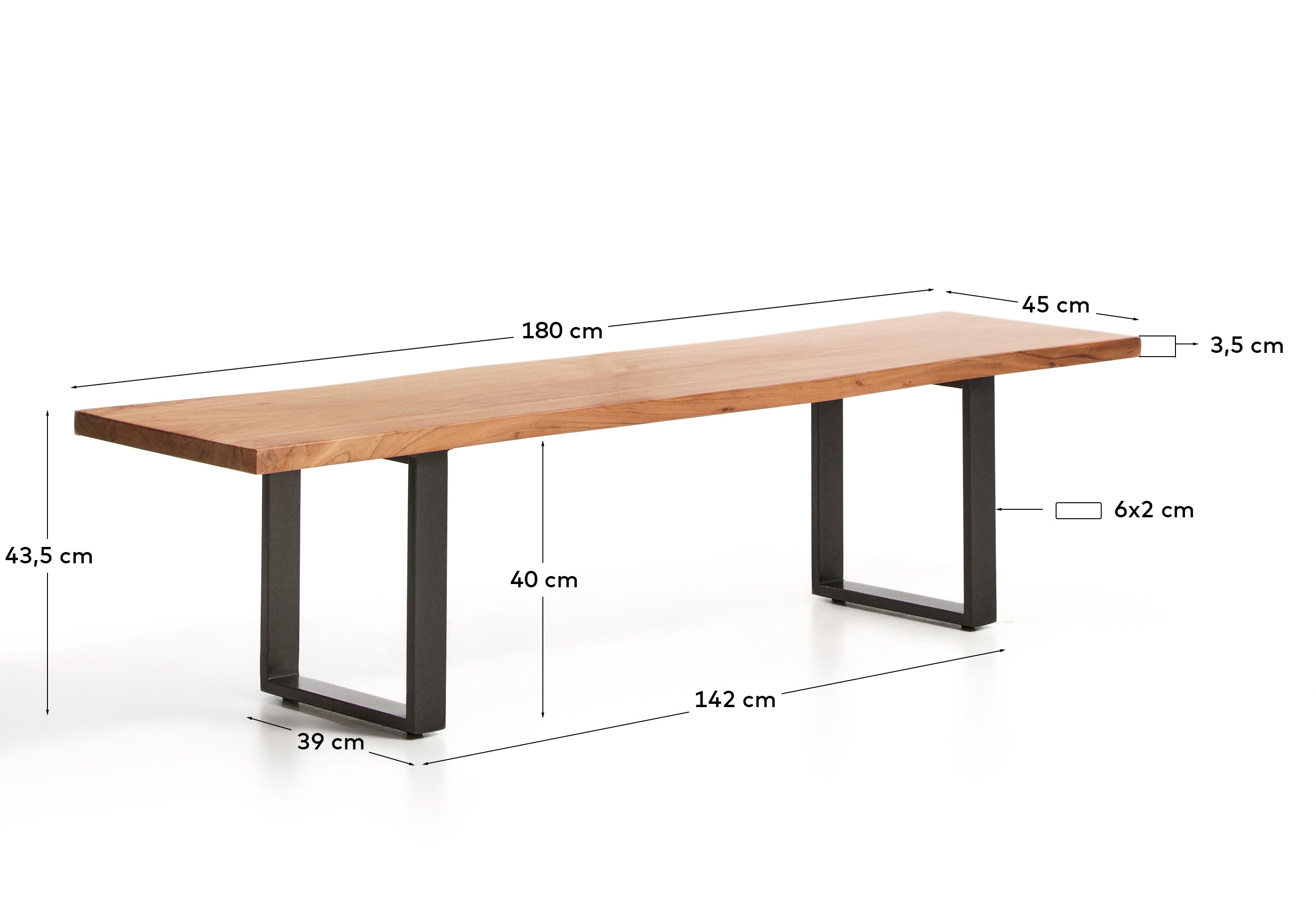 Uxue klupa od masivnog drveta bagrema sa crnim čeličnim nogama, 180 x 45 cm