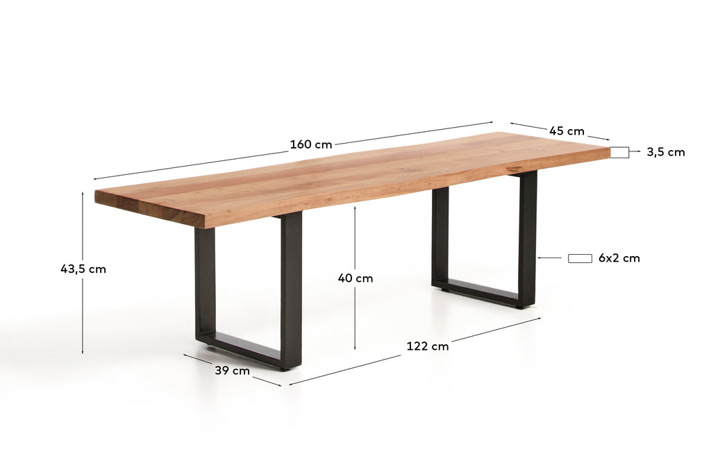 Klupa Uxue od masivnog akacija drveta i nogu od crnog čelika 160 x 45 cm