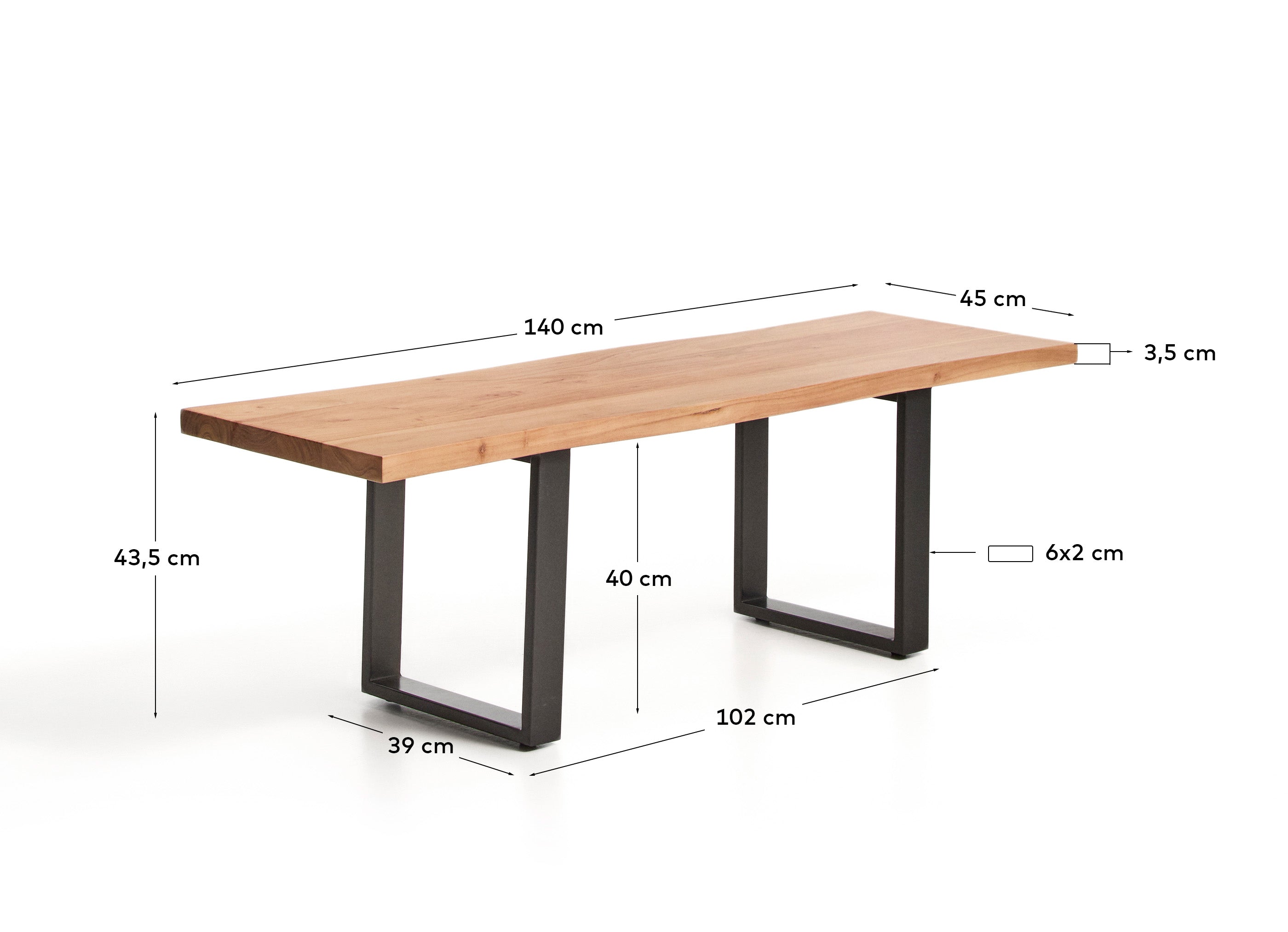 Uxue bench in solid acacia wood with black steel legs 140 x 45 cm