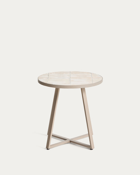 Tella round side table in galvanised steel with beige tiles Ø45 cm