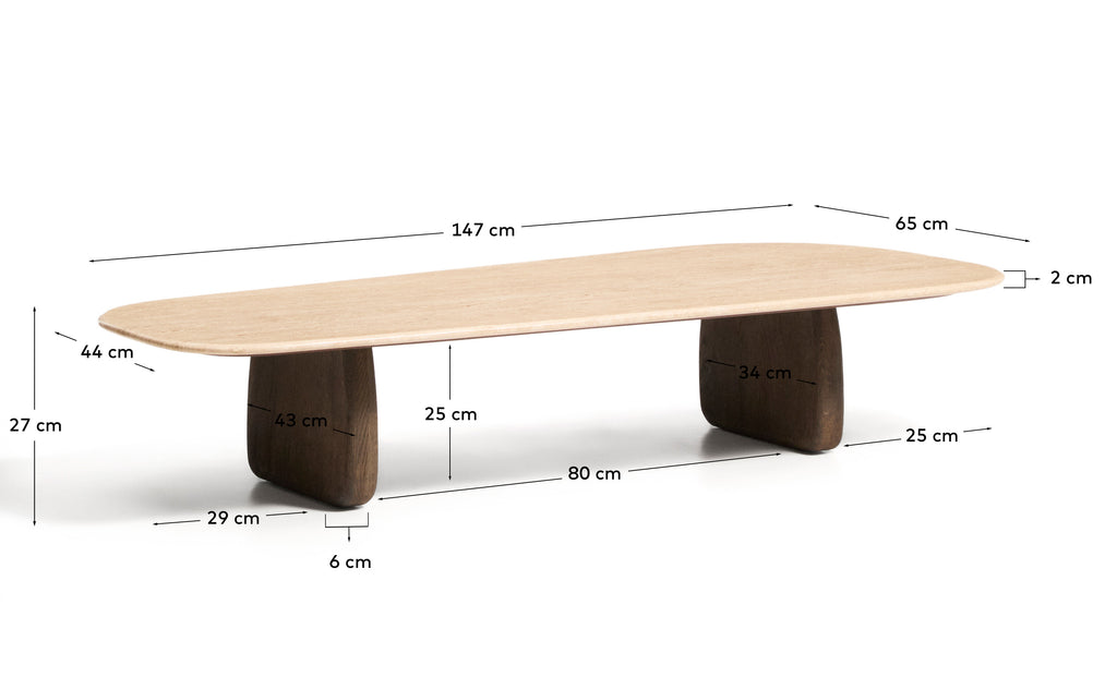 Sto za kafu Pirita od bež travertina i nogara od masivnog hrastovog drveta, tamna završna obrada 147 x 65 cm FSC 100%