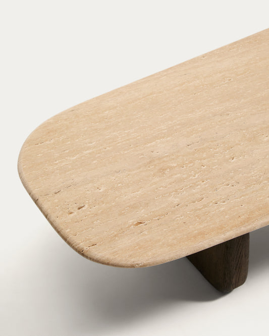 Sto za kafu Pirita od bež travertina i nogara od masivnog hrastovog drveta, tamna završna obrada 147 x 65 cm FSC 100%