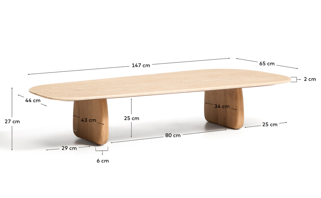 Sto za kafu Pirita od bež travertina i nogara od masivnog hrastovog drveta, prirodna završna obrada 147 x 65 cm FSC 100%