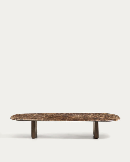 Pirita coffee table in brown marble with solid oak wood legs with a dark finish 147 x 65cm FSC 100%
