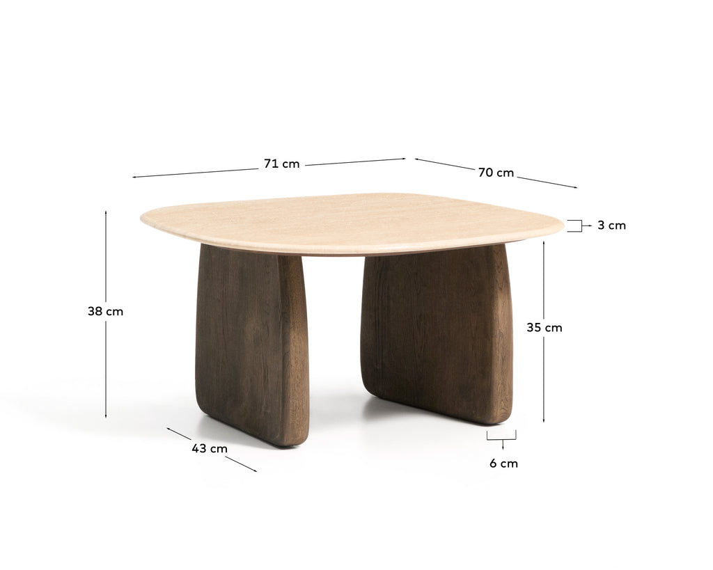 Pomoćni sto Pirita od bež travertina i nogara od masivnog hrastovog drveta, tamna završna obrada 71 x 70 cm FSC 100%
