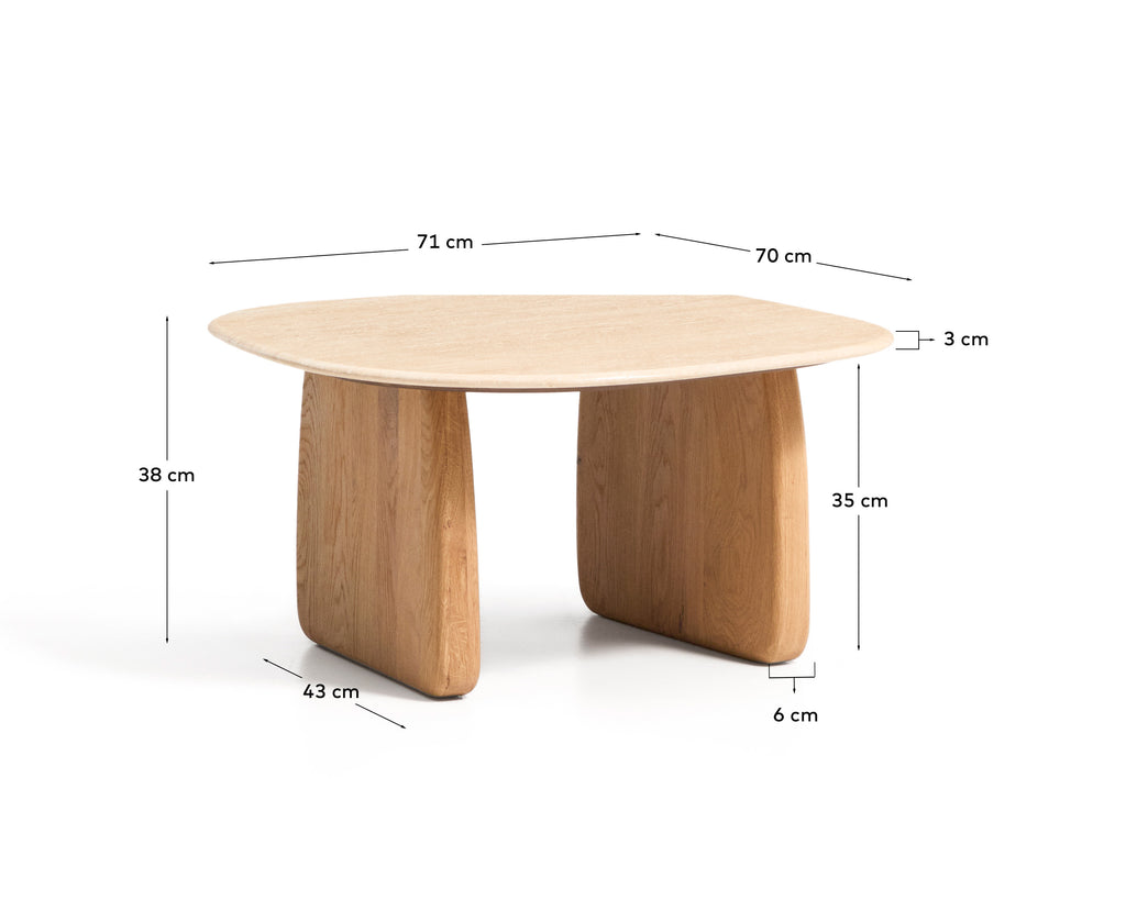 Pomoćni sto Pirita od bež travertina i nogara od masivnog hrastovog drveta, prirodna završna obrada 71 x 70 cm FSC 100%