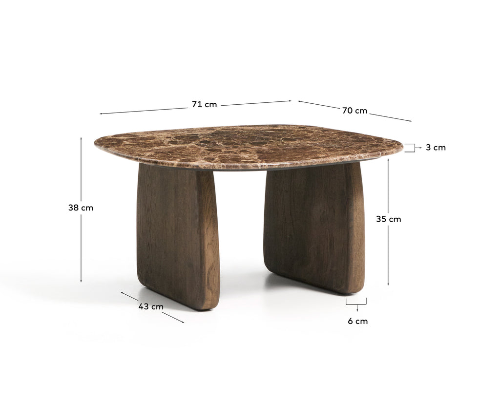 Pomoćni sto Pirita od braon mermera i nogara od masivnog hrastovog drveta, tamna završna obrada 71 x 70 cm FSC 100%