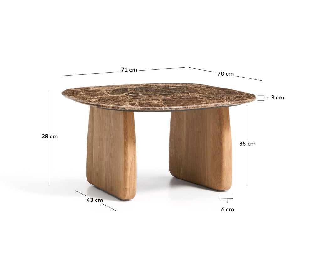 Pomoćni sto Pirita od braon mermera i nogara od masivnog hrastovog drveta, prirodna završna obrada 71 x 70 cm FSC 100%