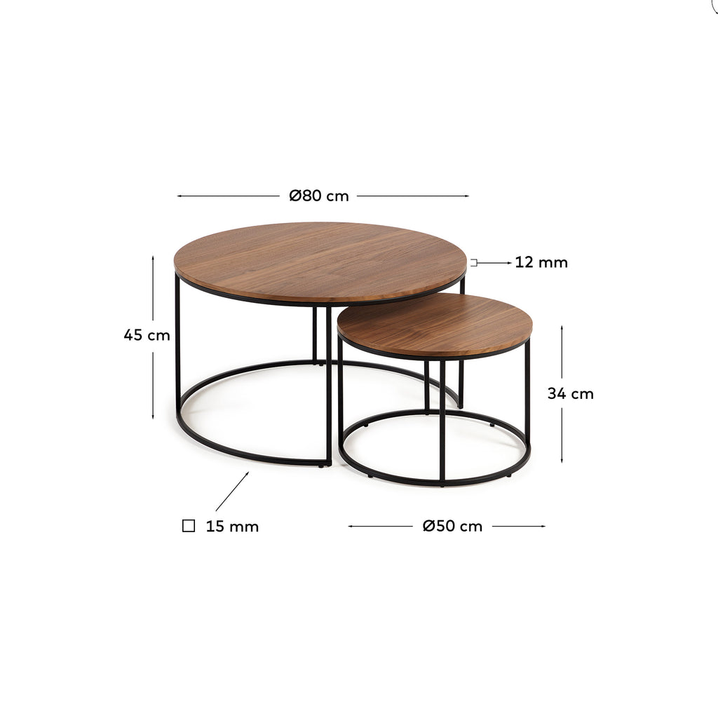 Yoana set of 2 nesting side tables with walnut and black metal veneer, Ø 80 cm / Ø 50 cm